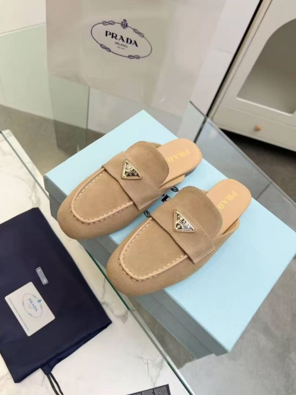 Prada Beige Suede Triangle Logo Backless Mule Slides